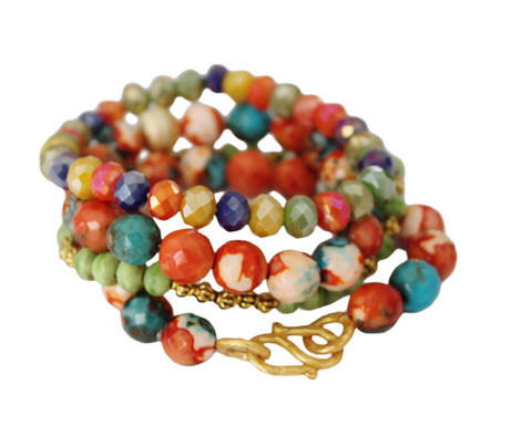 Orange green blue marbleized stretch bracelets three stack