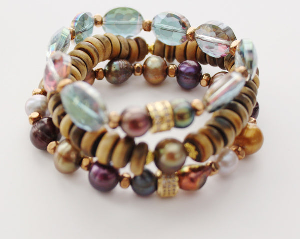Handmade genuine wood and genuine pearls stack bracelets  by Michael Gabriel Designs