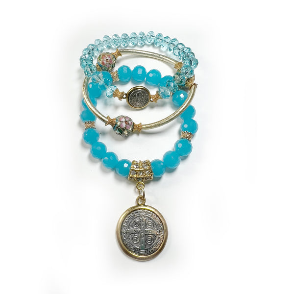 Handmade ocean blue crystal bracelet stack with saint benedict charm by Michael Gabriel Designs