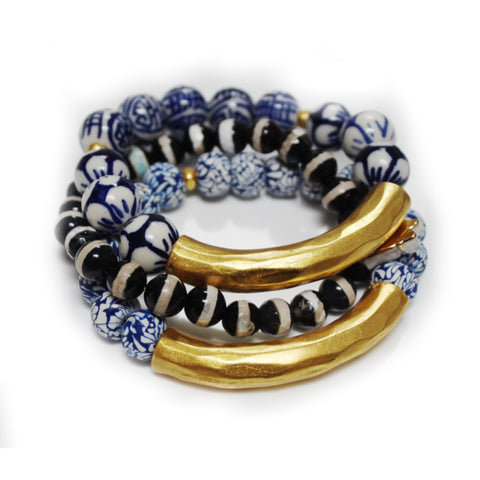 Blue and white porcelain beads with black and white agate accent bracelet