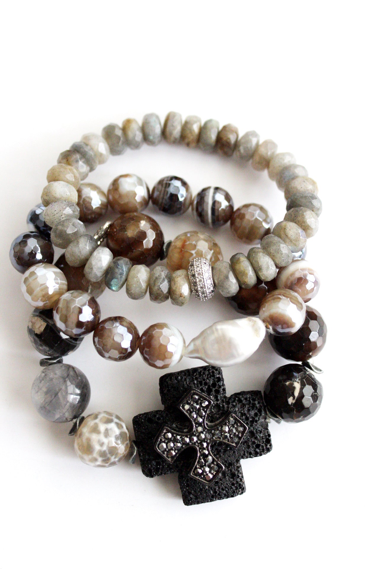 Lava beads bracelet, agate bracelet, pearl bracelet, stack bracelet, Michael Gabriel Designs